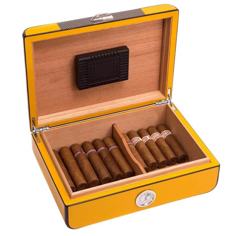 Bey-Berk Yellow Lacquered Cigar Humidor â€“ Holds 25 Cigars, Spanish Cedar Storage Box with Hygrometer, Chrome Accents - Image 1